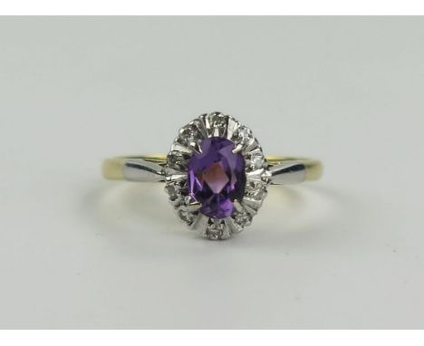 18ct Gold, Amethyst and Diamond Cluster Ring, 11x9mm head, size N, 3.2g 