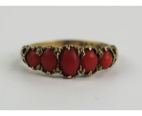 9ct Gold and Coral Five Stone Ring, size O, 2.4g 