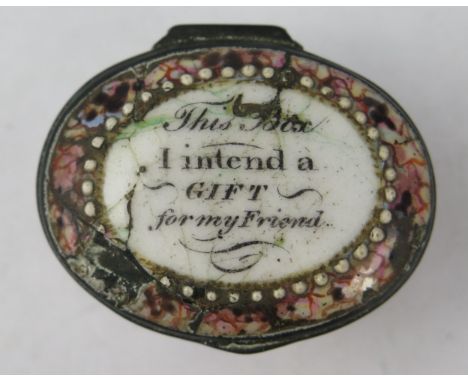 18th Century English Enamel Patch Pot 'This Box i intend a Gift for my friend' 