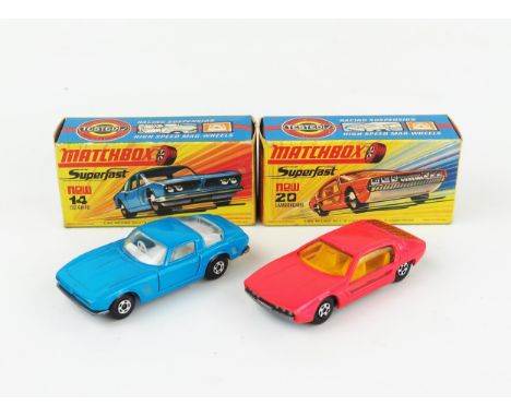 Matchbox Superfast H type box pair - (1) 14a Iso Grifo - mid blue, white interior, wide 5 spoke wheels, unpainted base (2) 20