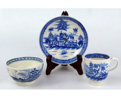 Caughley Plow Pattern Tea Bowl and Caughley Coffee Cup with Saucer, late 18th century 