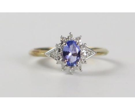 9ct Gold, Tanzanite and Diamond Cluster Ring, 10mm head, size M.5, 1.8g, boxed 