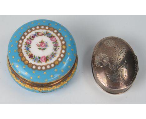 French Enamel and Gilt Lined Box (47mm diam.) and modern silver box 