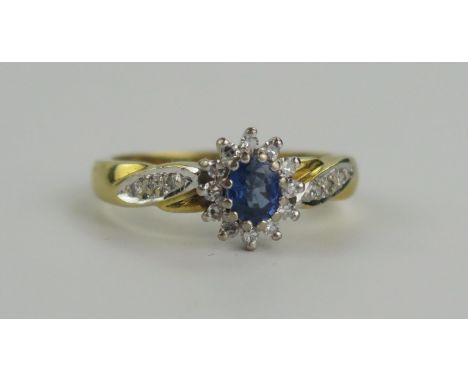 18ct Gold, Sapphire and Diamond Cluster Ring, 9.5x7.5mm head, size P, 5.2g 