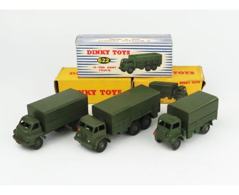 Three Dinky Toys Army Vehicles - 621 3 Ton Army Wagon, 622 10 Ton Army Truck and 623 Army Covered Wagon. Excellent but with r