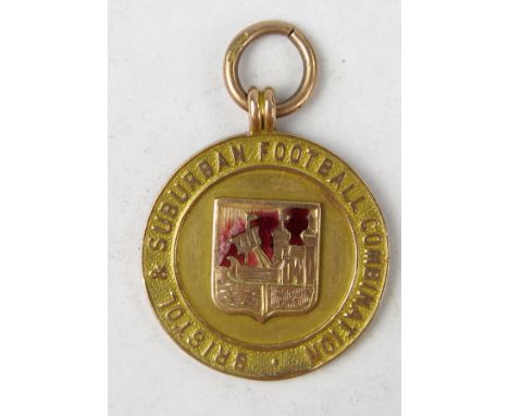 Bristol &amp; Suburban Football Combination 9ct Gold and Enamel Medallion, the back engraved 1ST DIV WINNERS 1917-18 FISHPOND