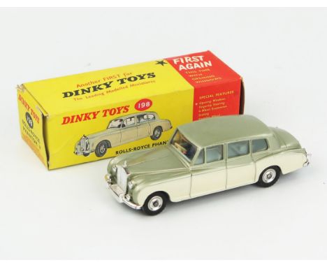 A Dinky Toys 198 Rolls-Royce Phantom V with cream lower body, light metallic green upper body, light blue interior, spun hubs