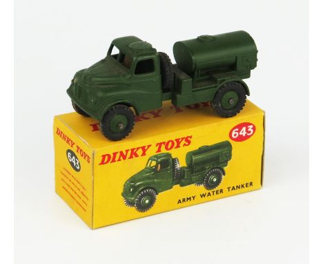 A Dinky Toys 643 Army Water Tanker with driver, no windows in dark yellow picture box. Very near mint in near mint box 