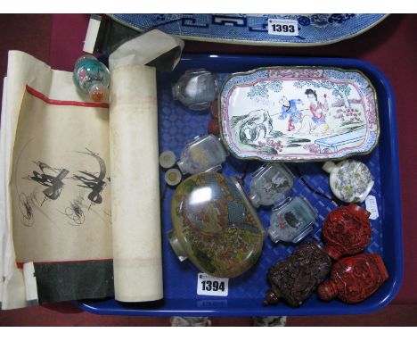 A Collection of Resin and Glass Oriental Themed Scent Bottles, an enamel shallow tray decorated with figures in a landscape, 