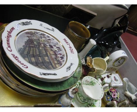 Poole Dolphin, Aynsley 'Wild Tudor' clock, Wade figures, Portmeirion jug, a collection of plates including a pair of Wedgwood