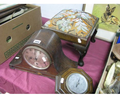 A Circa 1970's Oak Cased Mantel Clock, Napoleon hat style dome, silver dial, Arabic numerals, a mahogany framed stool with be