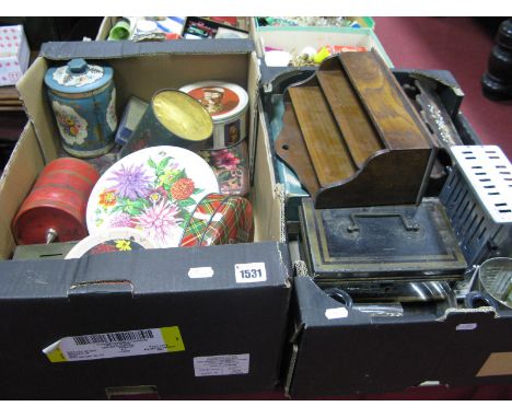 Morphy Richards Hairdryer, vintage toaster (collector's item only), plated wares, candlesticks, savings tin and other storage