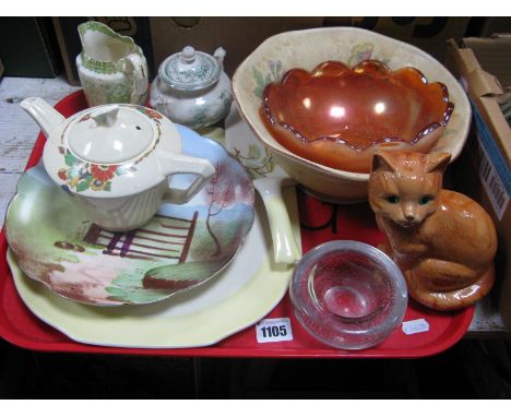 An Arthur Wood Bowl, Lord Nelson ware, cake plate, Crown Ducal teapot, Whitefriars style bowl with inclusions, pottery cat, e