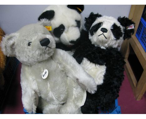 Two Modern Steiff Panda Bears, (hard and soft bodied examples), 42cm and smaller and a Steiff grey plush bear. (3)