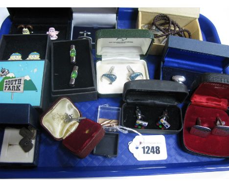 A Pair of 9ct Gold Gent's Cufflinks, the square engine turned panels on chain connections; together with a collection of asso