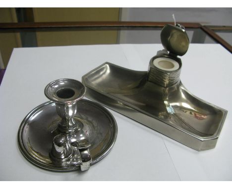 An Art Deco Ink Stand, (apparently unmarked) of angular design, the hinged lid enclosing ceramic liner, 25.5cm wide; together