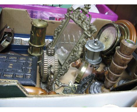 A Pair of Elm Candlesticks, cast brass photo frame, souvenir miner's lamp, LNER playing cards, barometer, Victorian photo alb