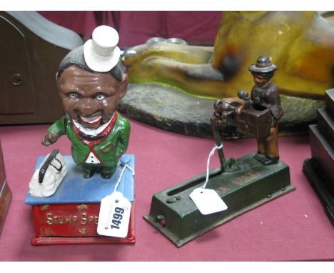 Two Reproduction American Novelty Cast Iron Money Banks, 'Stamp Speaker' and 'Monkey Bank'. (2)