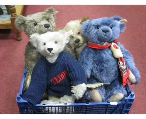 Four Modern Steiff Collectors Bears, including 2004 Limited Edition teddy with navy blue knitted jumper, blue bear and two to