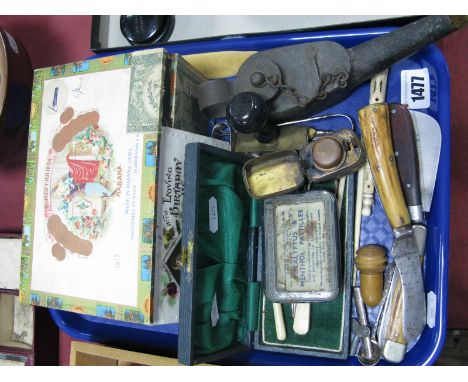Bone Manicure Part Set, horn handled pocket knives, nutcrackers, oil lamp, inkwell, sugar tongs, treen etc:- One Tray