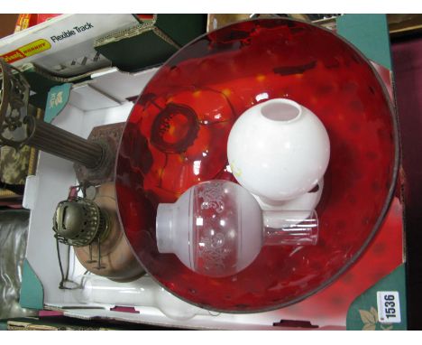 A XIX Century Oil Lamp, XIX Century red glass shade, etc:- One Box