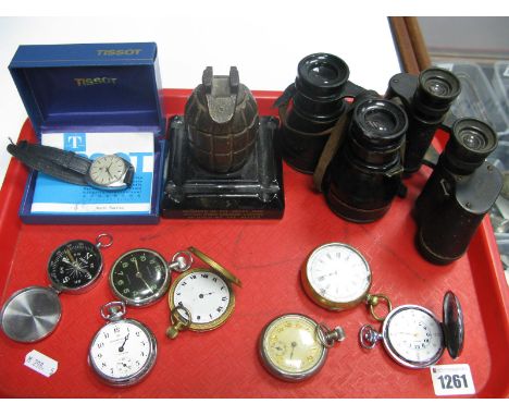 Tissot Gents Wristwatch, chronograph (damaged), Ingersoll, Roxedo, other pocketwatches, Goerz and other pair of binoculars wi
