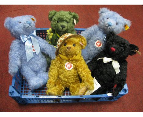 Five Modern Steiff Bears, in blue, green, golden and black including Limited Edition Sydney Bear (in green), summer 2006, etc