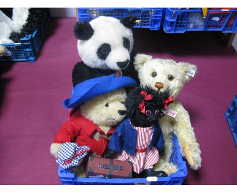 Three Modern Steiff Bear, including Paddington Bear, panda and Limited Edition 2003 Collectors bear and a Steiff girl golly. 