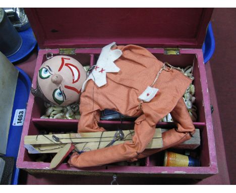 Playing Cards, shells etc, contained in a trinket box with key, and a vintage painted wooden puppet.