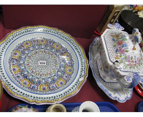 A Portuguese Carvalhinho Majolica Style Handpainted Charger, printed mark, Dec 40 and 124 to underside; together with a Portu
