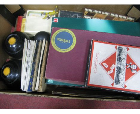 Vintage Games, to include Scrabble, Monopoly etc; trade cards, Crown Green bowls, jack, cribbage board etc:- One Box