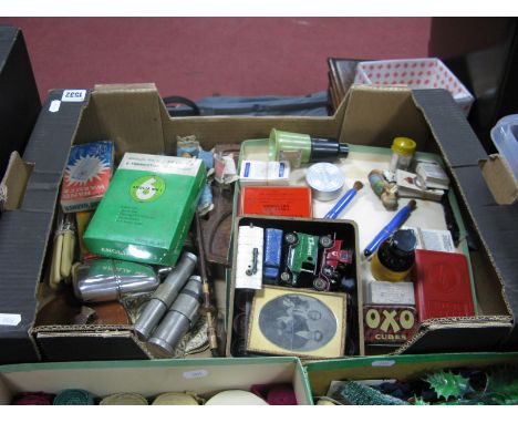 Collectables to Include, diecast, Chesterman's tape, plated hip flask, Anglia Mk 1 transistor, trade cards etc:- One Box