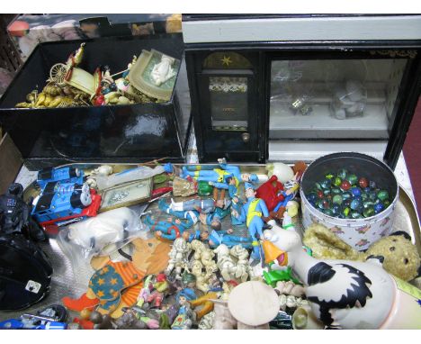 A Scratch Built Model Ship Front, marbles, circa 1990's Matchbox Thunderbirds figures, shoe stretchers, diecast, Sooty hand p