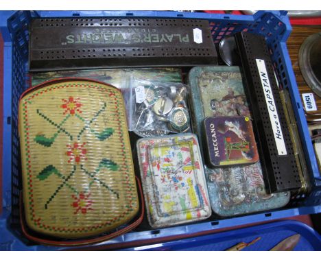 Vintage Advertising Tins, including Meccano, Williot Fus, Ogdens Tobacco, Royal Commemorative, etc, two bakelite cribbage boa