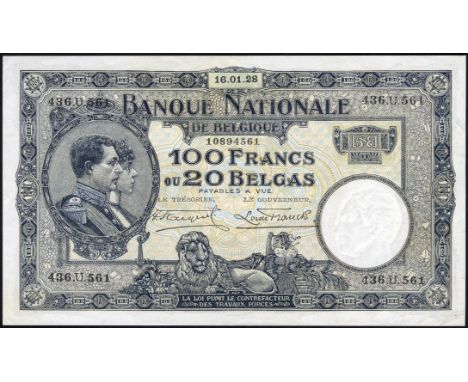 Belgium, NBBB-58, P 102, Banque Nationale de Belgique, 100 Francs - 20 Belgas, January 16, 1928. Portrait of King Albert and 