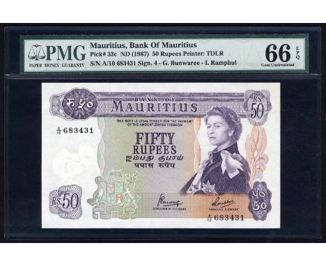 Mauritius, P 33c, Linzmayer BOM B4c, Bank of Mauritius, 50 Rupees, (1967). Coat of arms of Mauritius at lower left center, po
