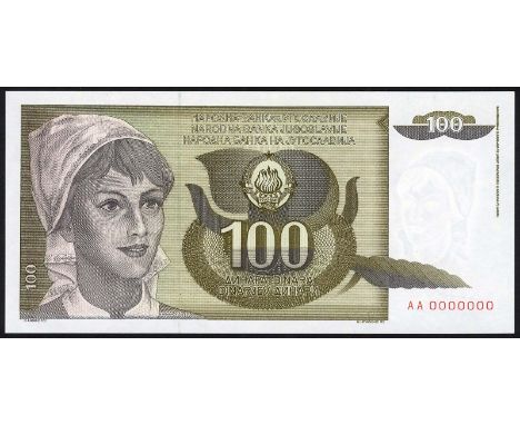 Yugoslavia, P 108, Narodna Banka Yugoslavije, 100 Dinara, 1991. Portrait of young woman at left, coat of arms at center on fr