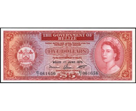 Belize, P 35a, Linzmayer GOB B3a, The Government of Belize, 5 Dollars, June 1, 1975. Coat of arms of Belize at left, portrait