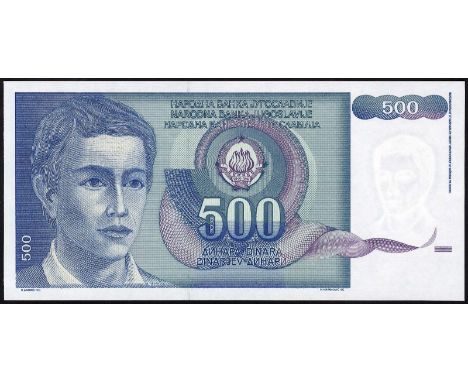 Yugoslavia, P 106, Barac Y110, Narodna Banka Jugoslavija, 500 Dinara, March 1, 1990. Portrait of young man at left, coat of a