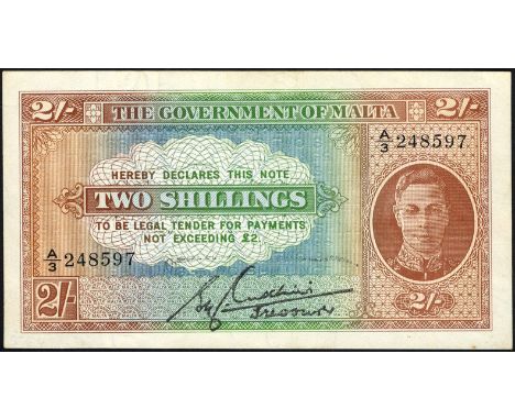 Malta, P 17c, Linzmayer GOM B16c, The Government of Malta, 2 Shillings, (1942), MALAYA MAP ERROR. Portrait of King Geoge VI a