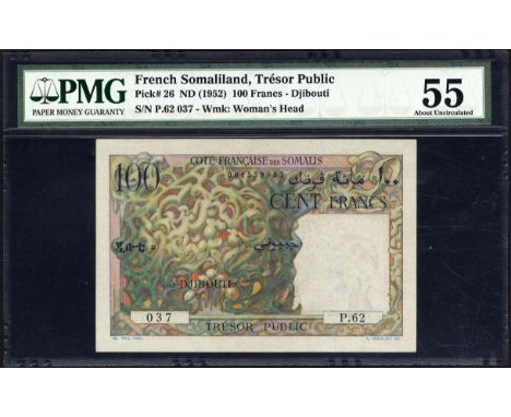 French Somaliland, P 26, Kolsky/Muszynski 658, Trésor Public, Côte Française des Somalis, Djibouti, 100 Francs, (1952). Styli