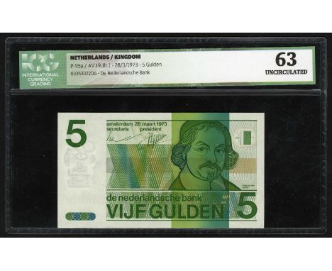 Netherlands, AV 19.1b.1 (2x), 19.1b.3.2,  P 95a (3x), De Nederlandsche Bank. Lot containing 3x 5 Gulden, Maart 28, 1973. Port