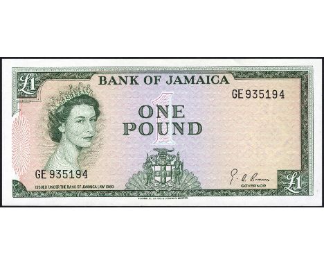Jamaica, P 51Ce, Linzmayer BOJ B6e, Bank of Jamaica, 1 Pound, L.1960 (1964). Portrait of Queen Elizabeth II at left, coat of 