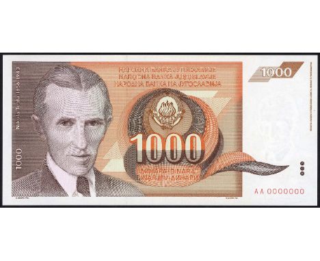 Yugoslavia, P 107, Barac Y114, Narodna Banka Yugoslavija, 1,000 Dinara, November 26, 1990. Portrait of Nicola Tesla at left, 