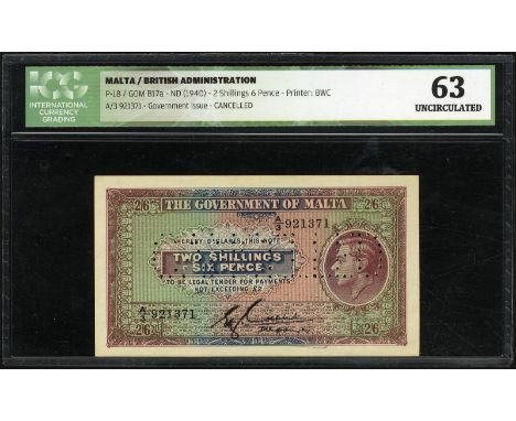 Malta, P 18, Linzmayer GOM B17a, The Government of Malta, 2 Shillings - 6 Pence, (1940). Portrait King George VI at right on 