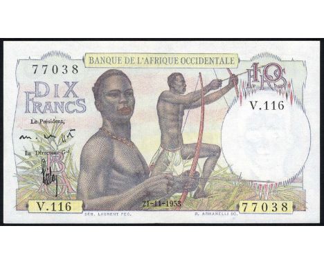 French West Africa, P 37, Leclerk/Kolsky 184, Banque de l'Afrique Occidentale, 10 Francs, November 21, 1953. Two young men wi