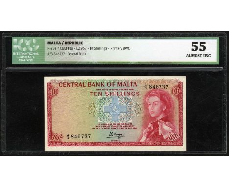 Malta, P 28a, Linzmayer CBM B1a, Central Bank of Malta, 10 Shillings, L.1967. George Cross at center, portrait of Queen Eliza