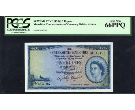 Mauritius, P 27, The Goverment of Mauritius, 5 Rupees, (1954). Mountain scene at lower left, portrait of Queen Elizabeth II a