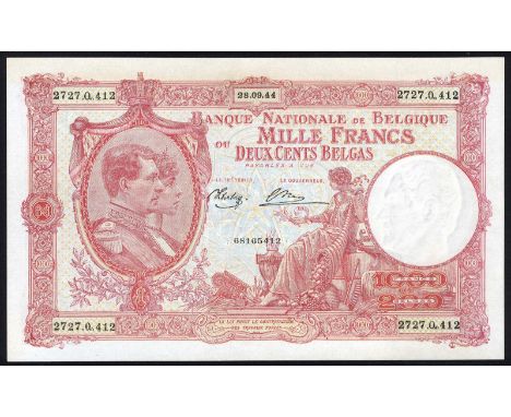 Belgium, NBBB-99, P 115, Banque Nationale de Belgique, 1,000 Francs - 200 Belgas, September 28, 1944. Portrait of King Albert