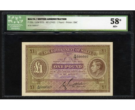Malta, P 20b, Linzmayer GOM B19b, The Government of Malta. 1 Pound, (1940). Portrait of King George VI at right on front. Sig